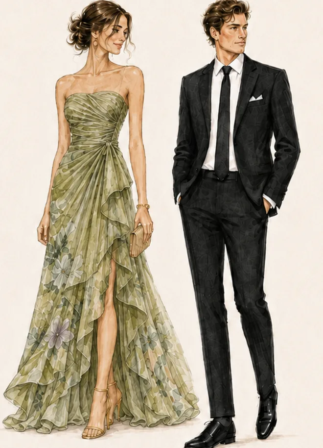 Illustration of a couple in formal spring attire